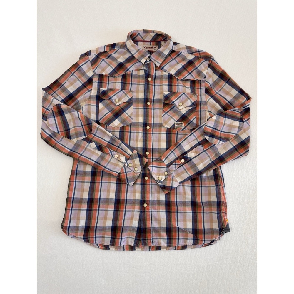 CAT Caterpillar Mens Button Down Plaid Pearl Snap Shirt Medium Western Workwear